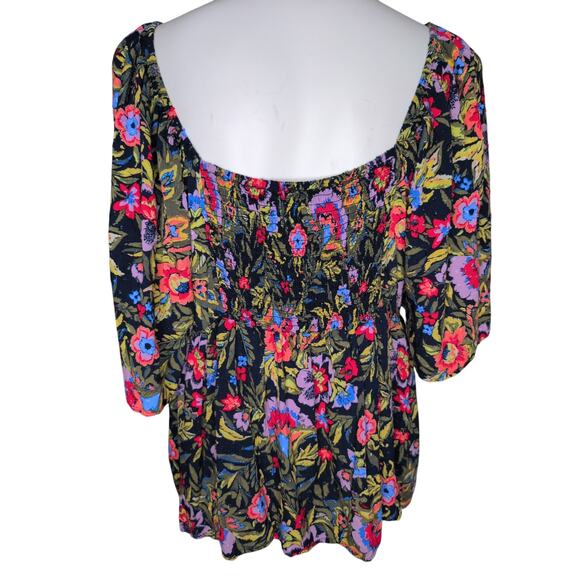 Floral Babydoll Peasant Top Boho Cottagecore Milkmaid Empire Waist Terra Sky 2X - Picture 2 of 6